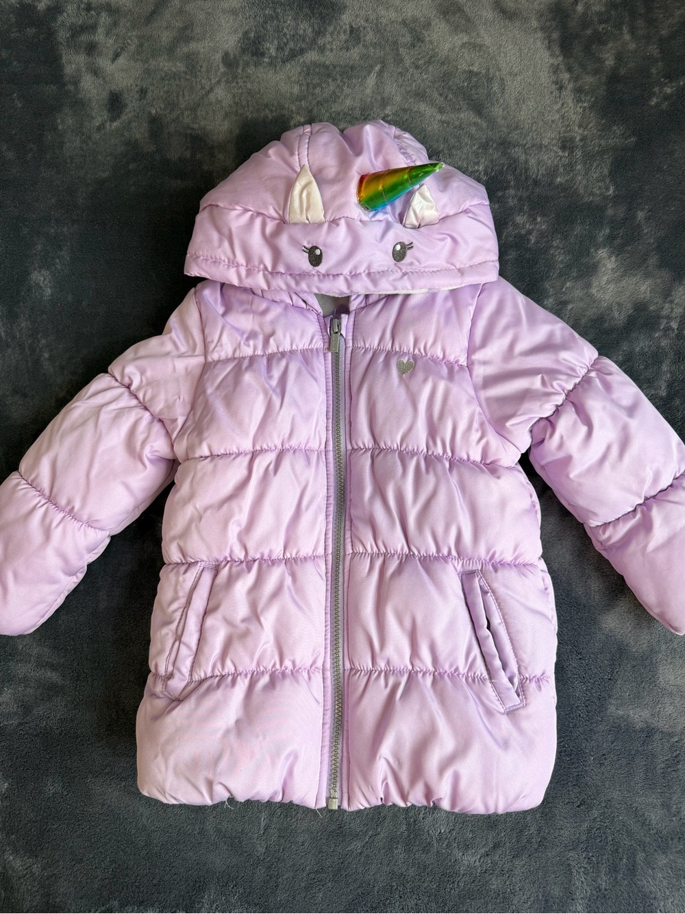 Carter’s Girls 3T Purple Unicorn Hooded Puffer Jacket Fleece Lined Coat.